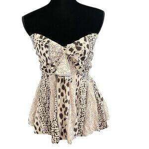 Stitch + Feather Strapless Babydoll animal print bubble top women Large boho tan